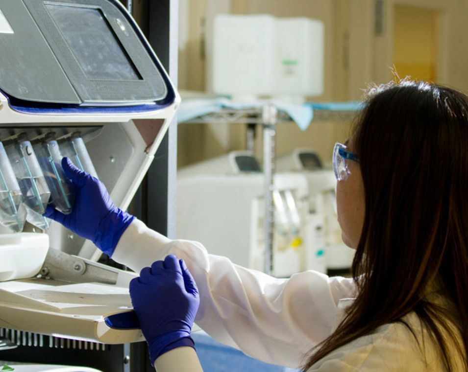 Eine Frau in weißem Kittel mit Gummihandschuhen arbeitet an einem biotechnischen Gerät mit Proben.
