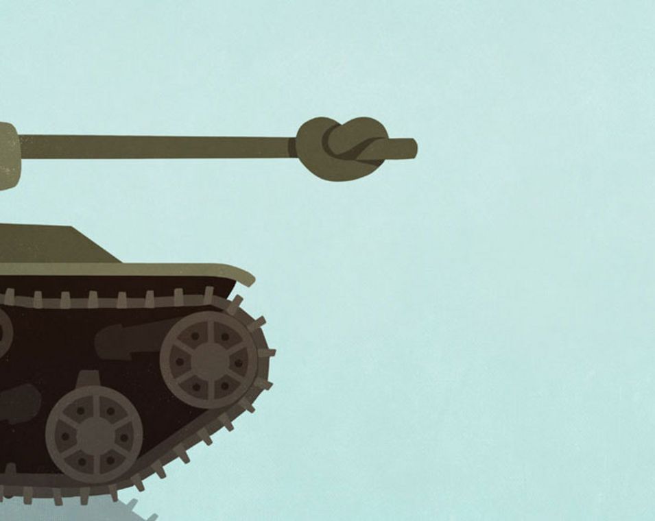 Zeichnung eines Panzers mit verknoteter Kanone.