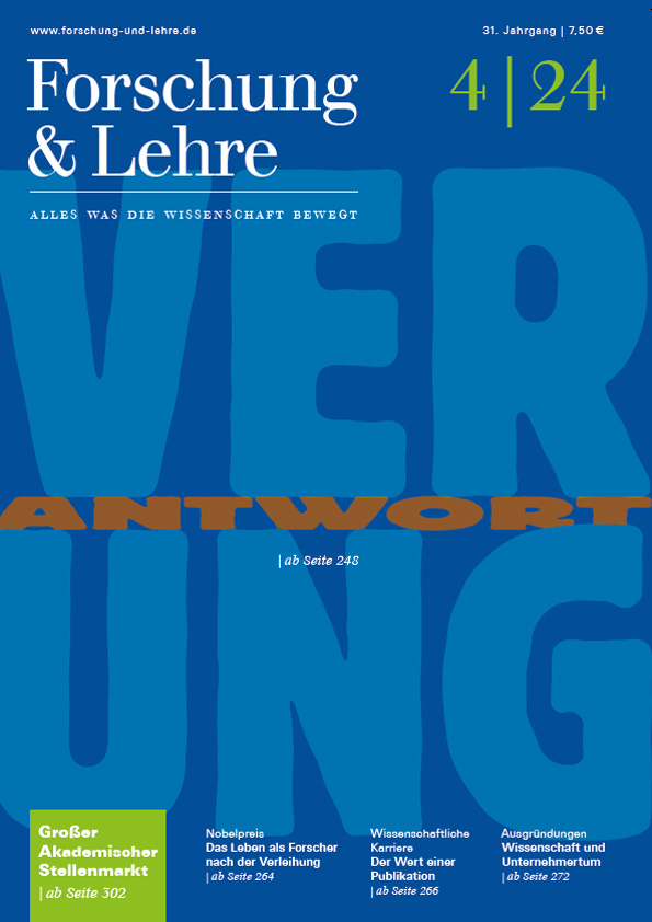 Magazintitel der Zeitrschrift "Forschung & Lehre": Tiefes Blau mit Großbuchstaben "Verantwortung". 