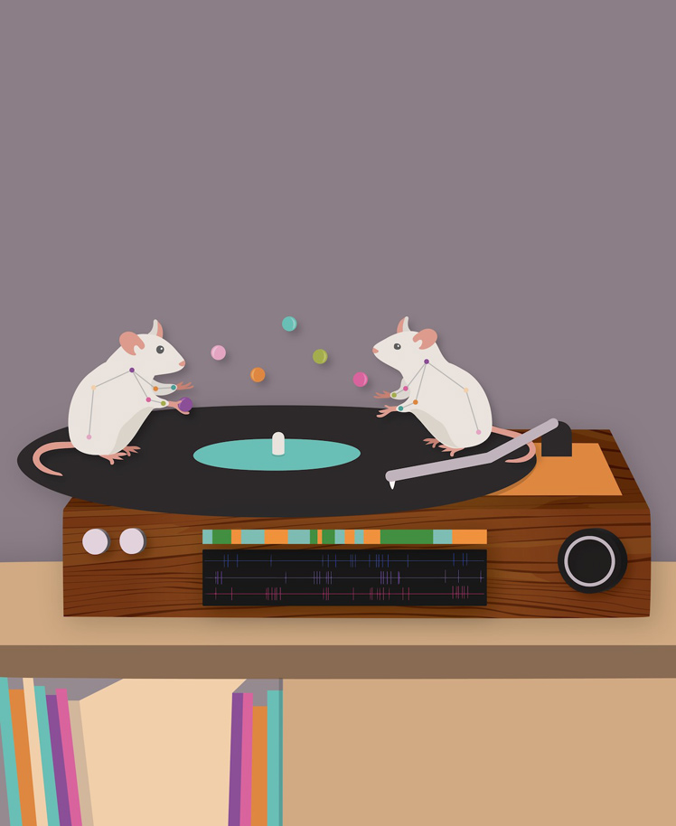 Illustration von zwei Mäusen auf einem Plattenspieler, deren Pfoten symbolisch markiert sind als Kennzeichen für ihr Verhalten. 