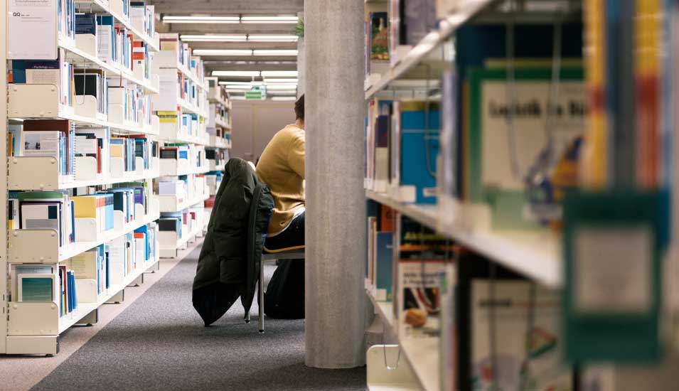 Ein Mensch arbeitet in einer Universitätsbibliothek, man kann nur seinen Rücken zwischen den Regalen erkennen.
