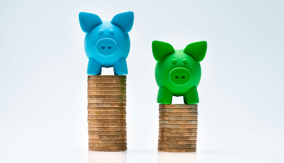 Symbolbild Gehaltsunterschiede: ein blauen und ein grünes Sparschwein sitzen auf unterschiedlich hohen Türmchen aus Geldmünzen.