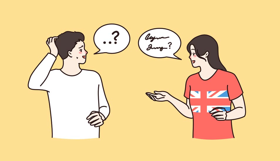 Illustration einer Sprachbarriere: Ein junger Mann weiß nicht, was er auf die Frage einer jungen Britin antworten soll.