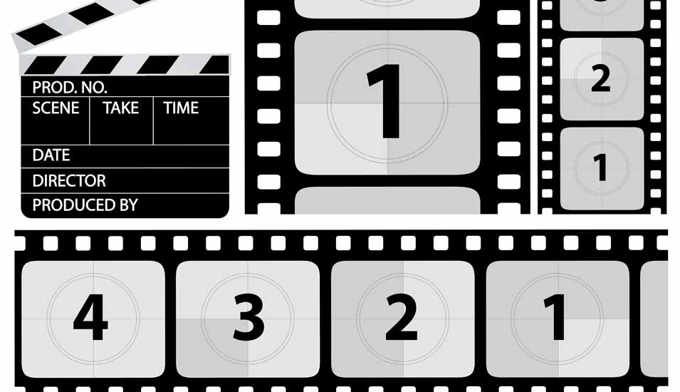 Filmstreifen mit den Zahlen 4, 3, 2, 1 und Regie-Klappe