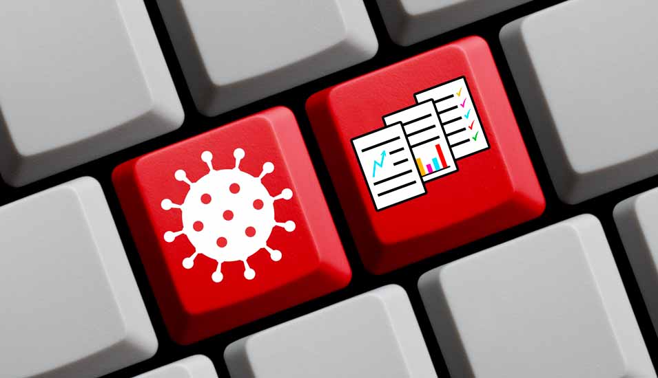 Symbolbild für Forschungsergebnisse zum Coronavirus: Eine Tastatur mit Symbolen für das Virus und Publikationen