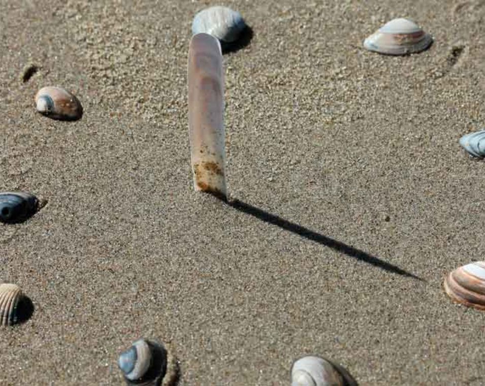 Ziffernblatt einer Uhr aus Muscheln gelegt an einem Sandstrand