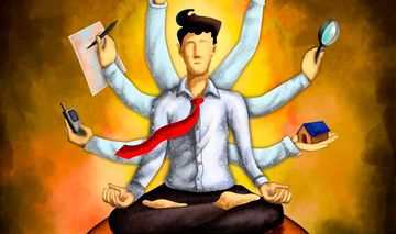 Eine Illustration eines meditierenden Mannes mit sieben Armen, in denen er symbolisch für seine Aufgaben Objekte hält