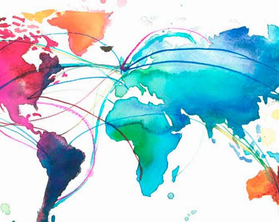 Eine bunte Weltkarte mit Verbindungen zwischen einzelnen Ländern