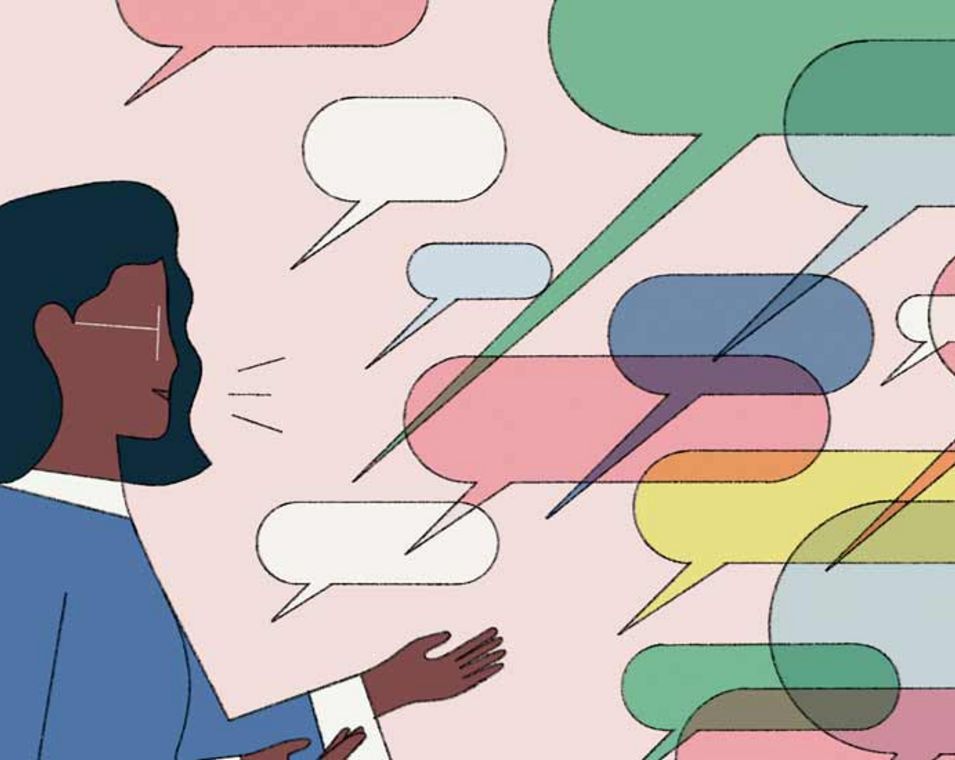 Illustration: Eine Frau kommuniziert mit vielen Sprechblasen