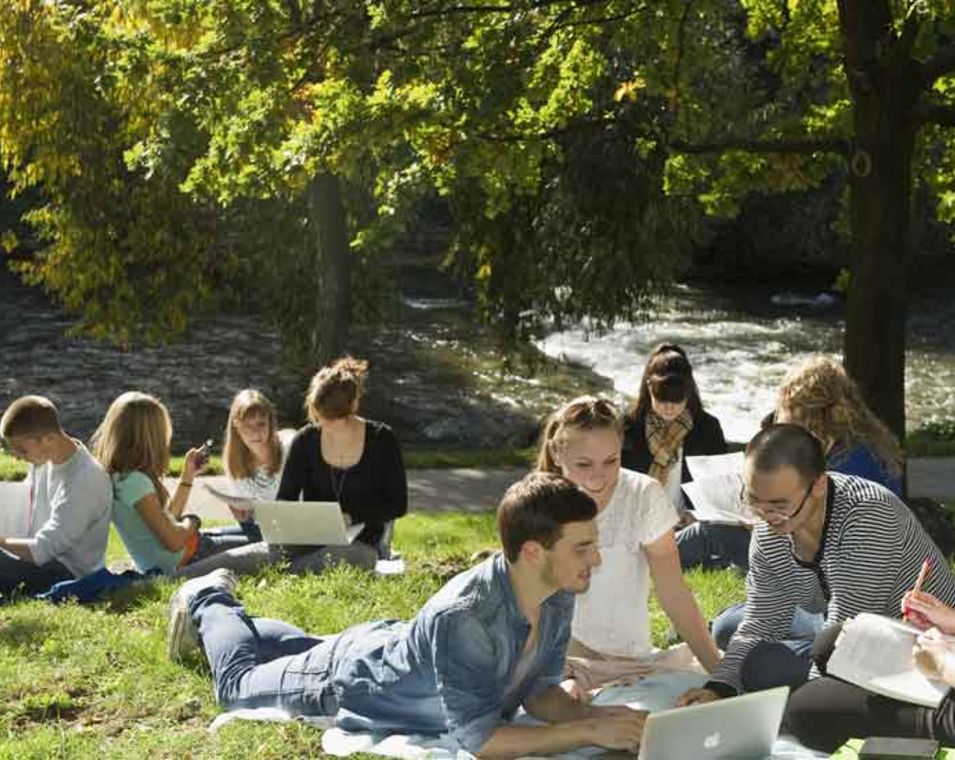 Das Foto zeigt Studierende auf einer Wiese in Freiburg.