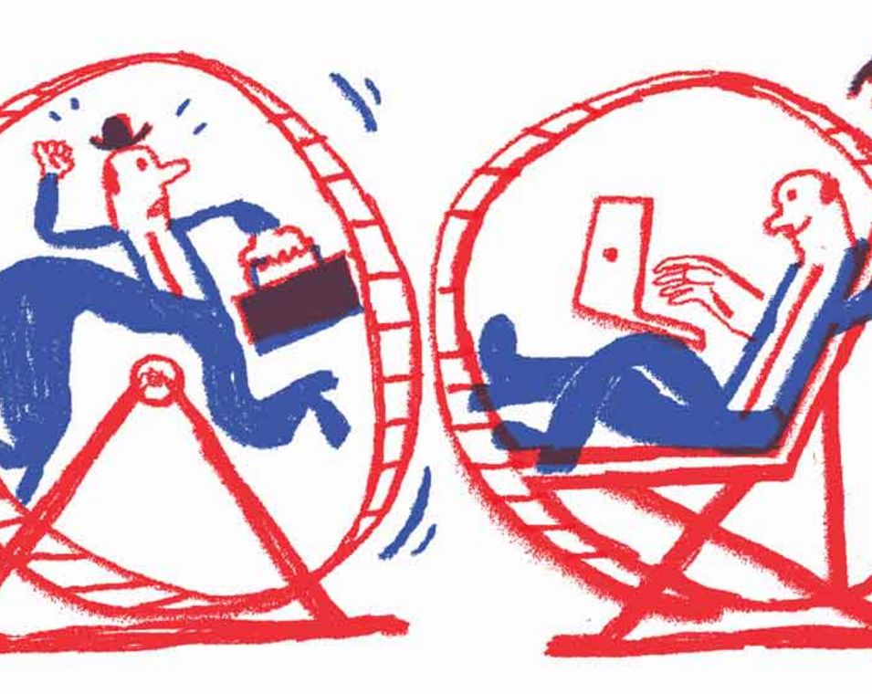 Illustration: Gegensatz zwischen gestresstem Geschäftsmann im Hamsterrad und entspanntem Mann mit Laptop