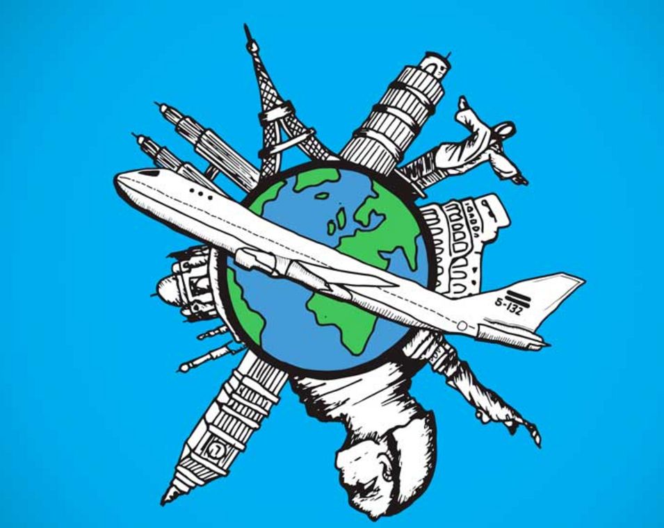 Symbolbild "Reisen": Illustration der Weltkugel mit wichtigen Touristenattraktionen und einem Flugzeug.