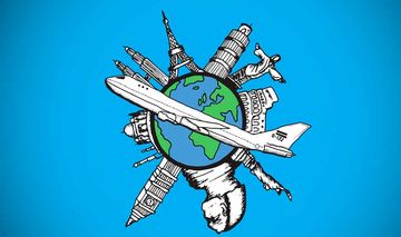 Symbolbild "Reisen": Illustration der Weltkugel mit wichtigen Touristenattraktionen und einem Flugzeug.