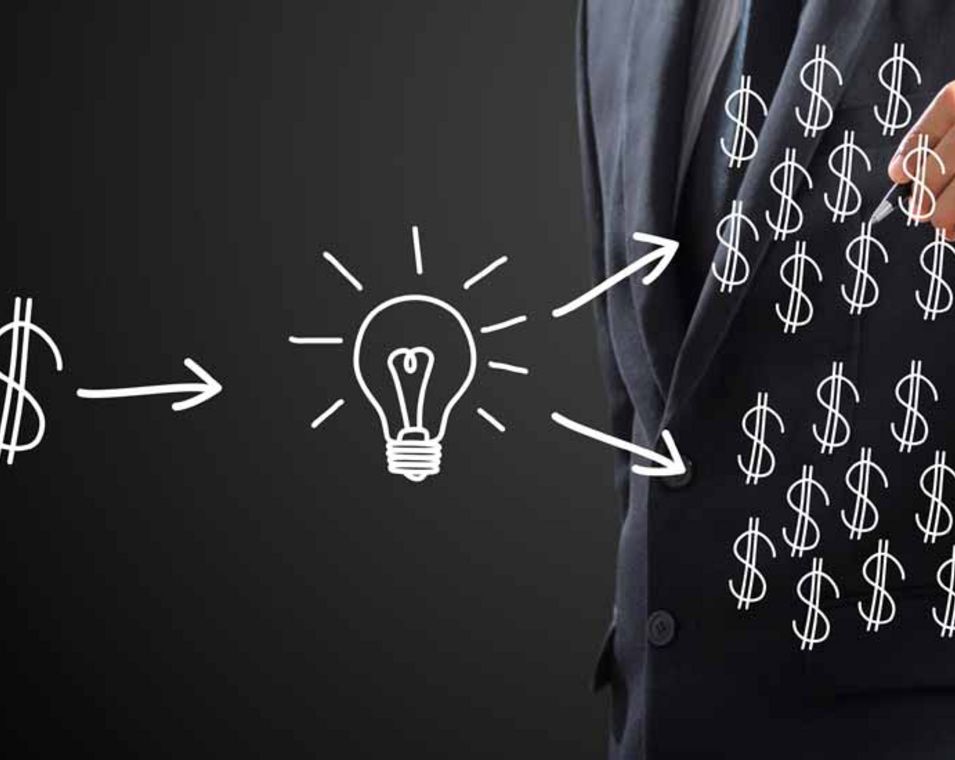 grafische Darstellung von Investititon und Innovationsoutput: Dollarzeichen und eine Glühbirne