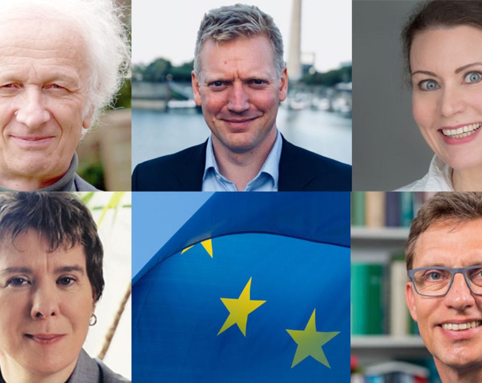Die Gesichter mehrerer befragter Wissenschaftler und die Europäische Flagge