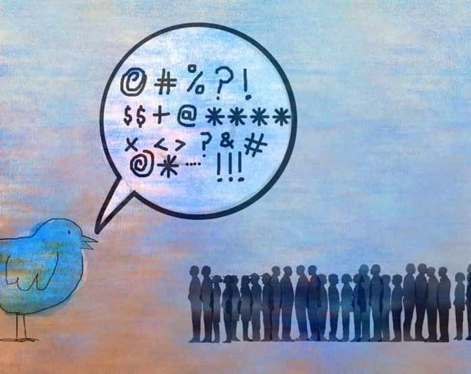 Illustration eines blauen Vogels, der zu einer großen Gruppe von Menschen spricht mit einer Sprechblase voller Satzzeichen