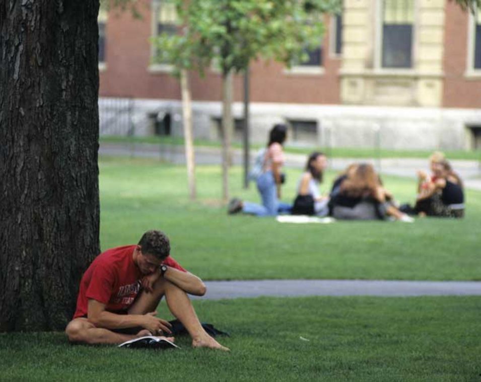 Das Foto zeigt Studenten auf dem Campus der Eliteuniversität Harvard.