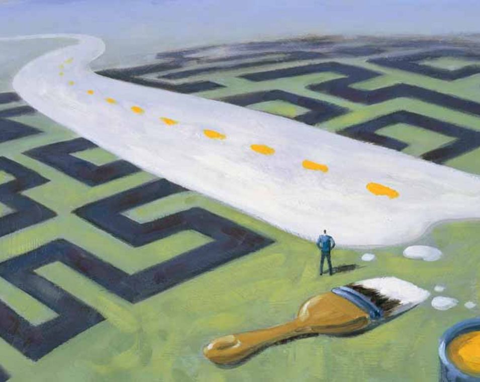 Illustration eines Mannes, der ein Labyrinth mit einer geraden Straße übermalt