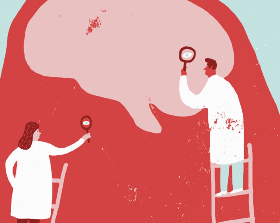 Illustration von Wissenschaftlern, die durch Lupen in den Kopf einer Frau schauen.