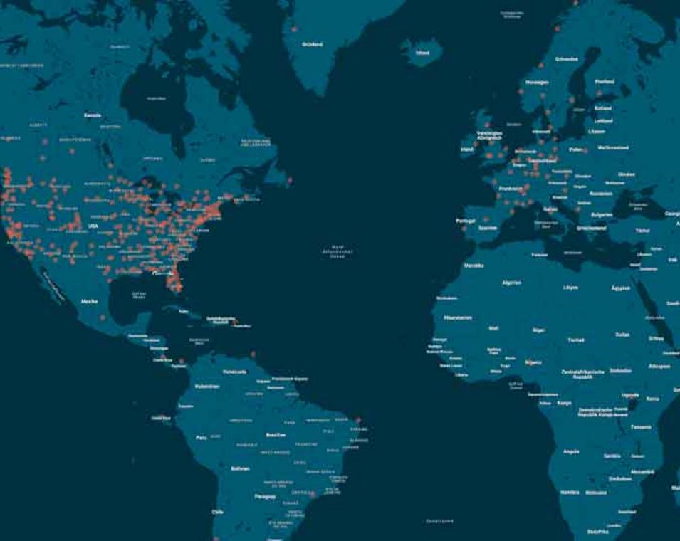 Eine Weltkarte mit den eingezeichneten Orten, an denen die Protestaktion "March for Science" stattfindet