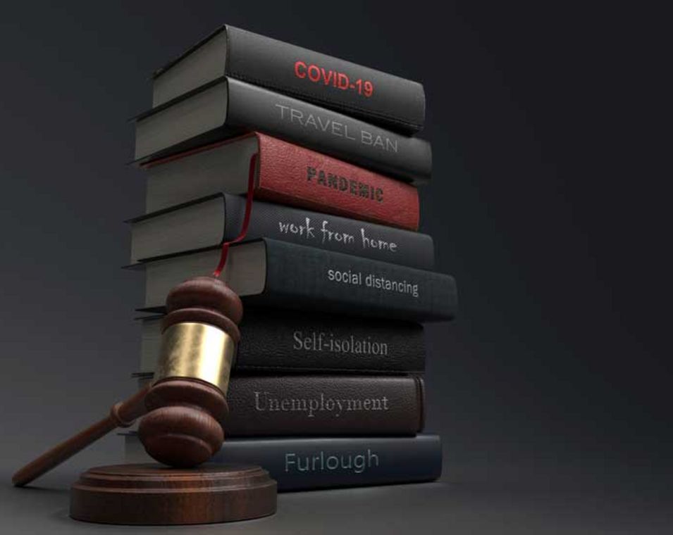 Verschiedene Lehrbücher zur "Covid-Gesetzgebung" neben einem Richterhammer