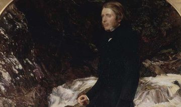 Gemälde mit Mann vor Wasserfall