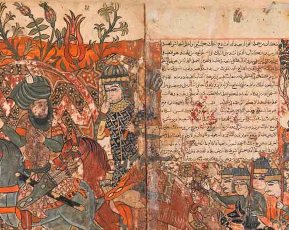 Doppelseite aus "Kalila wa Dimna"-Manuskript mit dem arabischsprachigen Text. Abgebildet sind zwei Reiter und ihr Gefolge.