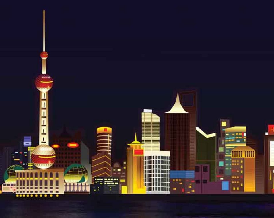 Illustration der Skyline von Shanghai vor schwarzem Hintergrund
