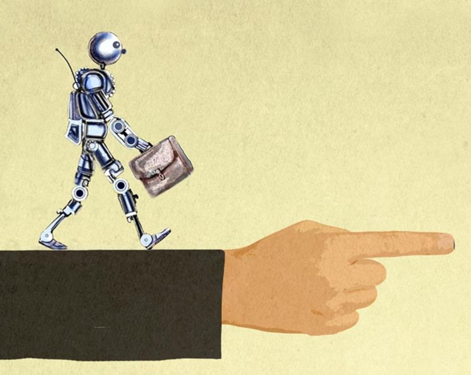 Illustration eines Roboters, der in die Richtung geht, die ihm eine menschliche Hand weist