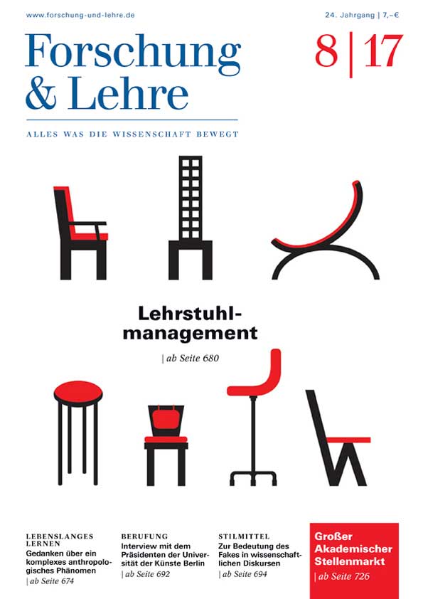 Verschiedene Arten von Stühlen rahmen den Schriftzug des Titelthemas "Lehrstuhlmanagement"