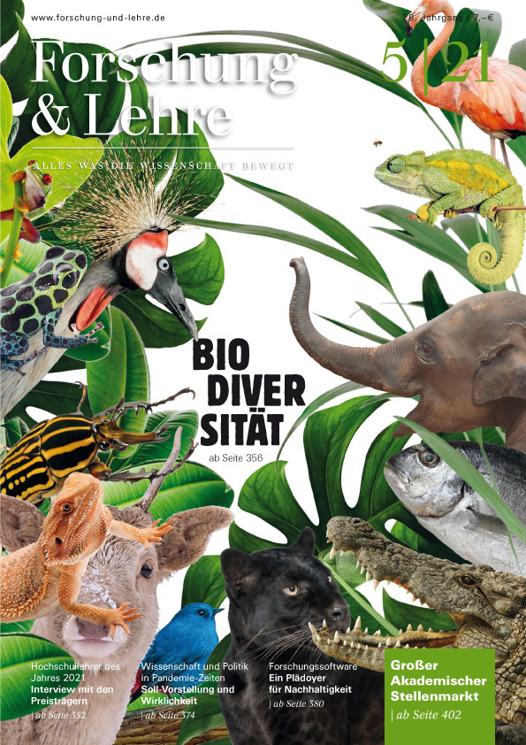 Titelbild der Mai-Ausgabe von Forschung & Lehre, Collage mit Tieren