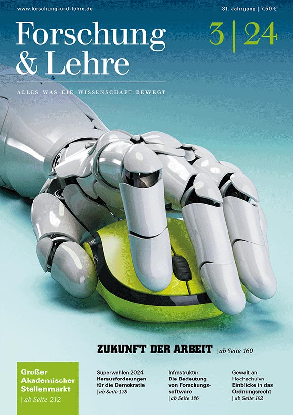 Cover des Magazins "Forschung & Lehre" mit einer Roborterhand, die eine Computermaus bedient. 