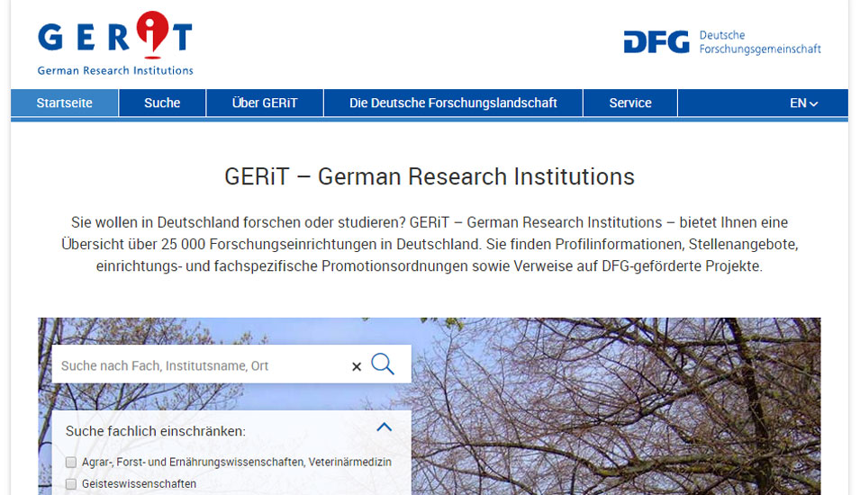 Das Foto zeigt die Homepage des neuen Onlineportals "Gerit" der DFG.