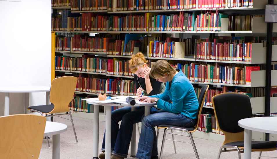 Das Foto zeigt zwei Studenten in einem Lesesaal.