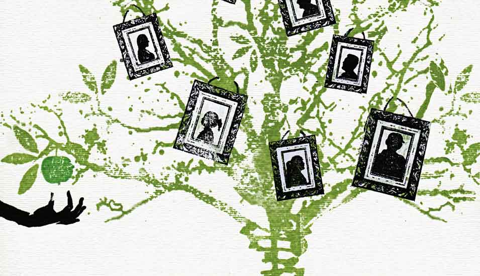 Das Bild zeigt einen gezeichneten Baum mit Porträts als Stammbaum