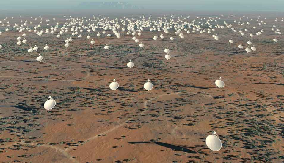 Das Bild zeigt ein Modell des neuen Radioteleskops in Südafrika, bestehend aus 64 Antennen.