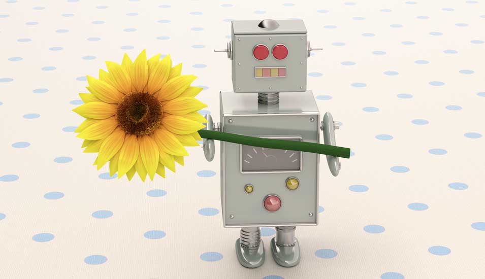 Roboter mit Sonnenblume in der Hand