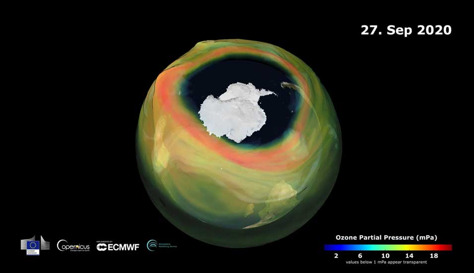 grafische Darstellung eines Ozonlochs über der Antarktis 