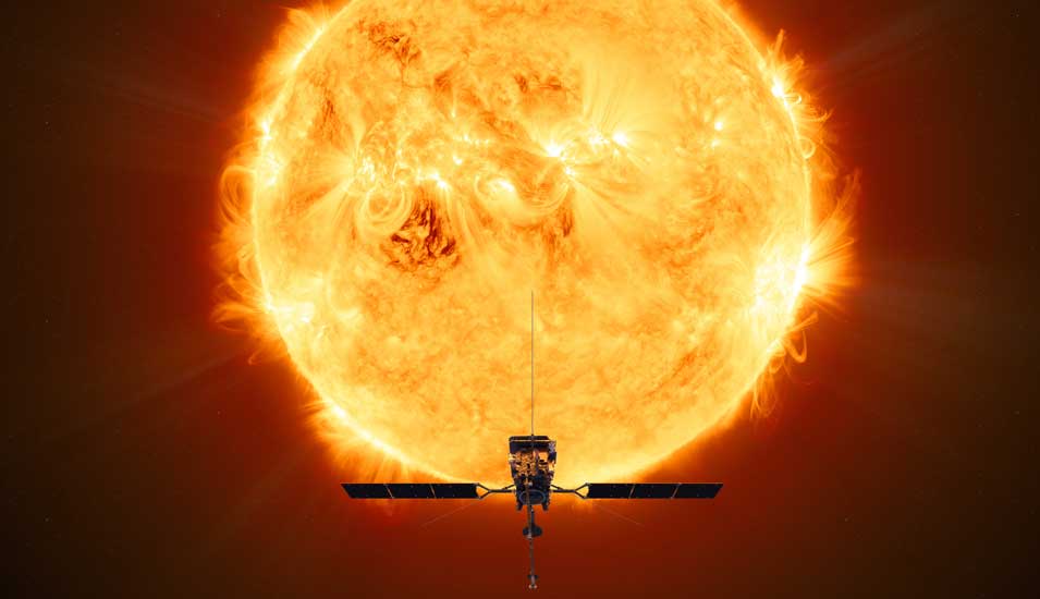 Illustration der Solar Orbiter Mission: Satellit vor der Sonne