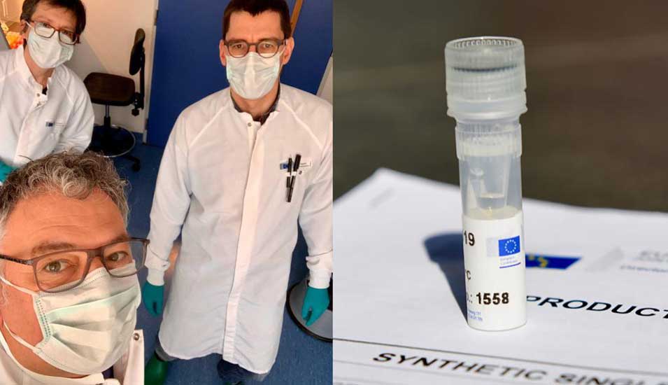 Doppelbild von den EU-Forschern, die das Material entwickelt haben und einer Probe des neuen Materials.