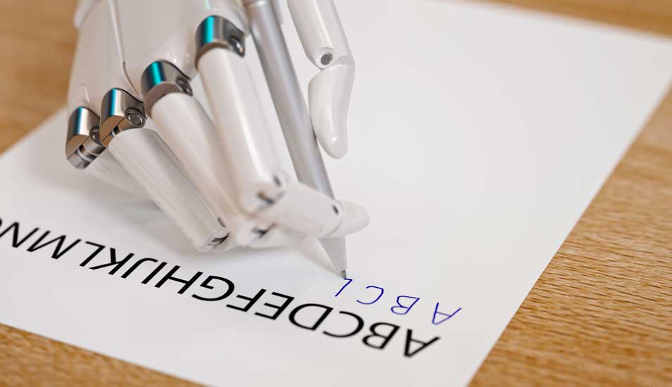 Hand eines Roboter hält einen Stift und versucht auf einem Blatt Papier Buchstaben nachzuschreiben
