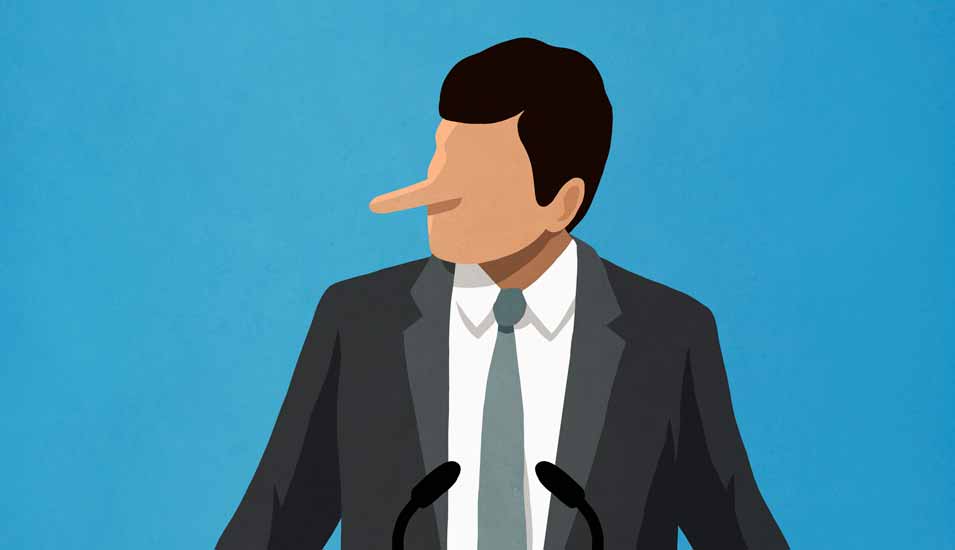 Illustration: Mann im Anzug an einem Rednerpult mit langer Pinocchio-Nase vom Lügen