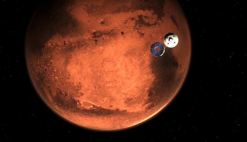 Illustration der Nasa des Rovers "Perseverance" wenige Minuten vor dem Eintritt in die Marsatmosphäre