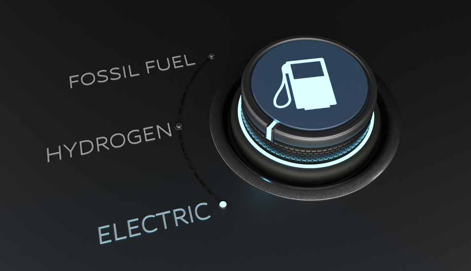 Drehknopf in einem Auto zur Einstellung der Tankfunktionen "elektrisch", "Wasserstoff" und "fossiler Brennstoff"
