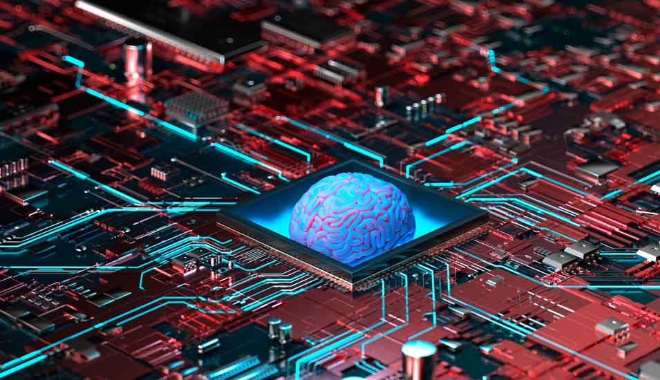 Ein leuchtendes menschliches Gehirn im Zentrum einer High-Tech-Computerplatine.