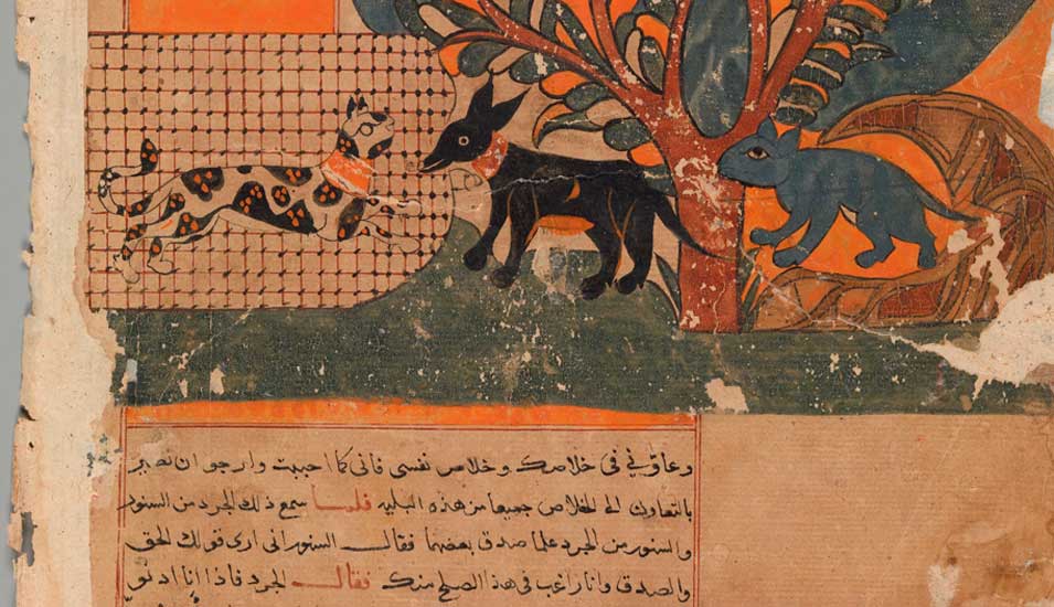 Blatt aus einem "Kalila wa Dimna" Manuskript aus dem 18. Jahrhundert, abgebildet ist die Fabel der gefangenen Katze und der ängstlichen Maus.