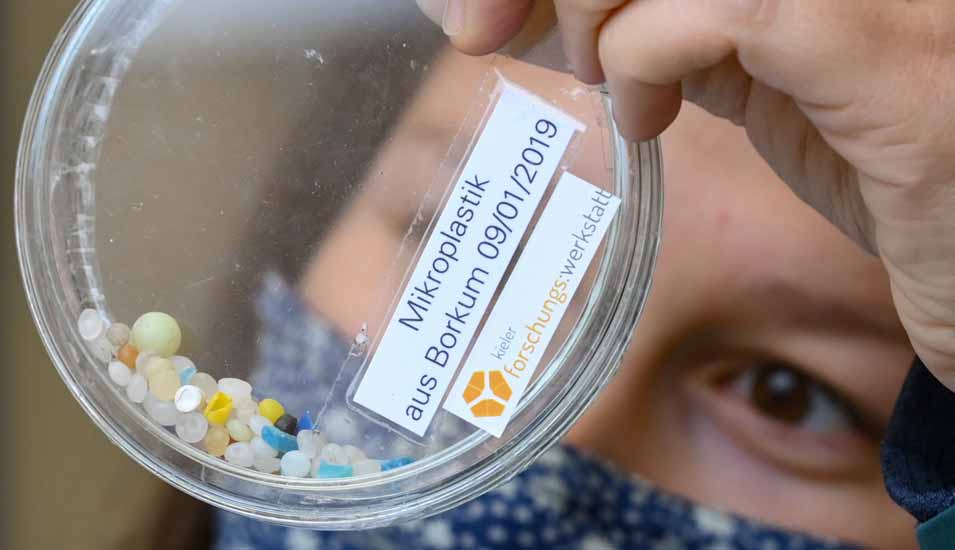 Eine Mitarbeiterin einer Citizen-Science-Aktion zeigt Mikroplastik, das von Jugendlichen in Borkum zur Erfassung des Müllvorkommens gesammelt wurde.