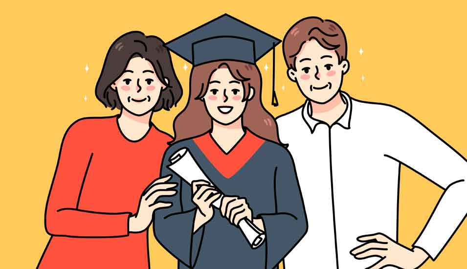 Illustration von stolzen Eltern und ihrer Tocher in Abschlussrobe und mit Hochschul-Zeugnis in der Hand