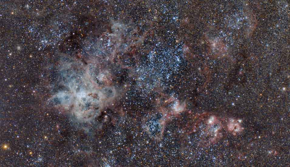 Mit einem Teleskop aufgenommenes Foto des Tarantelnebels in der Großen Magellanschen Wolke.