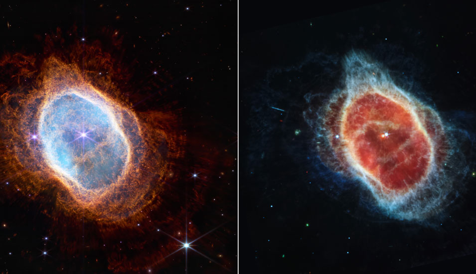Aufnahmen von zwei verschiedenen Infrarot-Kameras zeigen bislang unbekannte Details des Südlichen Ringnebels (NGC 3132), der 2.500 Lichtjahre von uns entfernt ist.